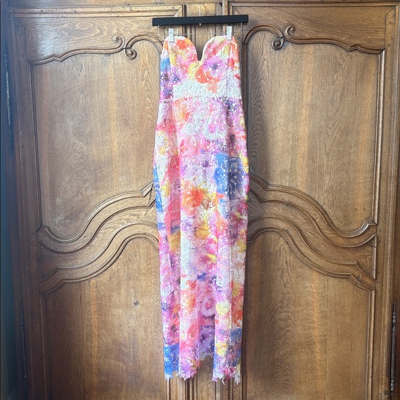 Badgley Mischka Strapless Floral Midi Dress in Pink, Blue, Yellow - Picture 8 of 13